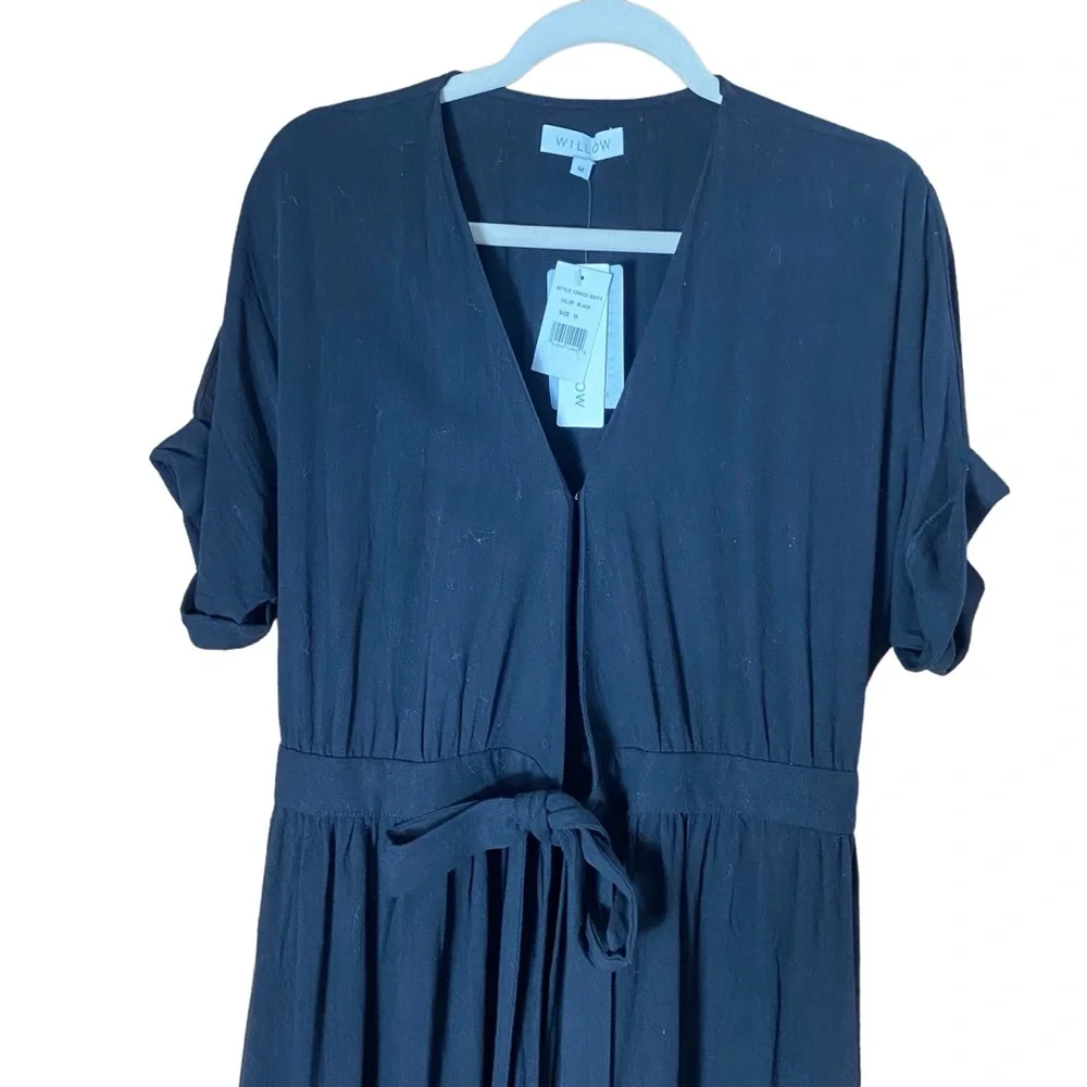 WILLOW Anthropologie Womens Wrap Dress Midi Black short Sleeve Size M Linen NEW - Picture 4 of 15